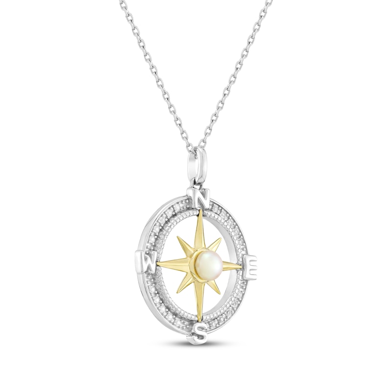 Main Image 2 of Cultured Pearl & White Lab-Created Sapphire Compass Necklace Sterling Silver & 10K Yellow Gold 18"