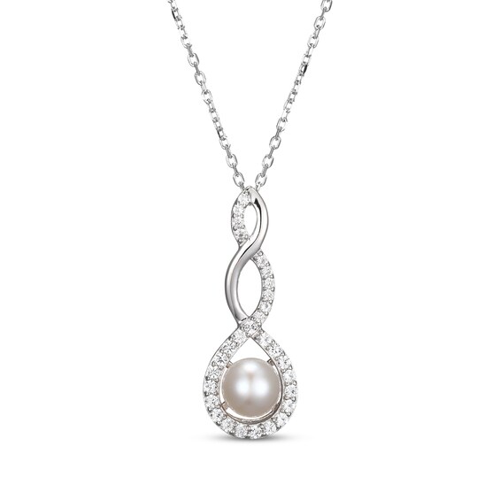 Cultured Pearl & White Lab-Created Sapphire Twist Drop Necklace Sterling Silver 18"