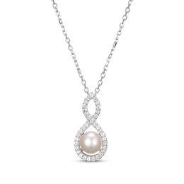Cultured Pearl & White Lab-Created Sapphire Twist Frame Necklace Sterling Silver 18"