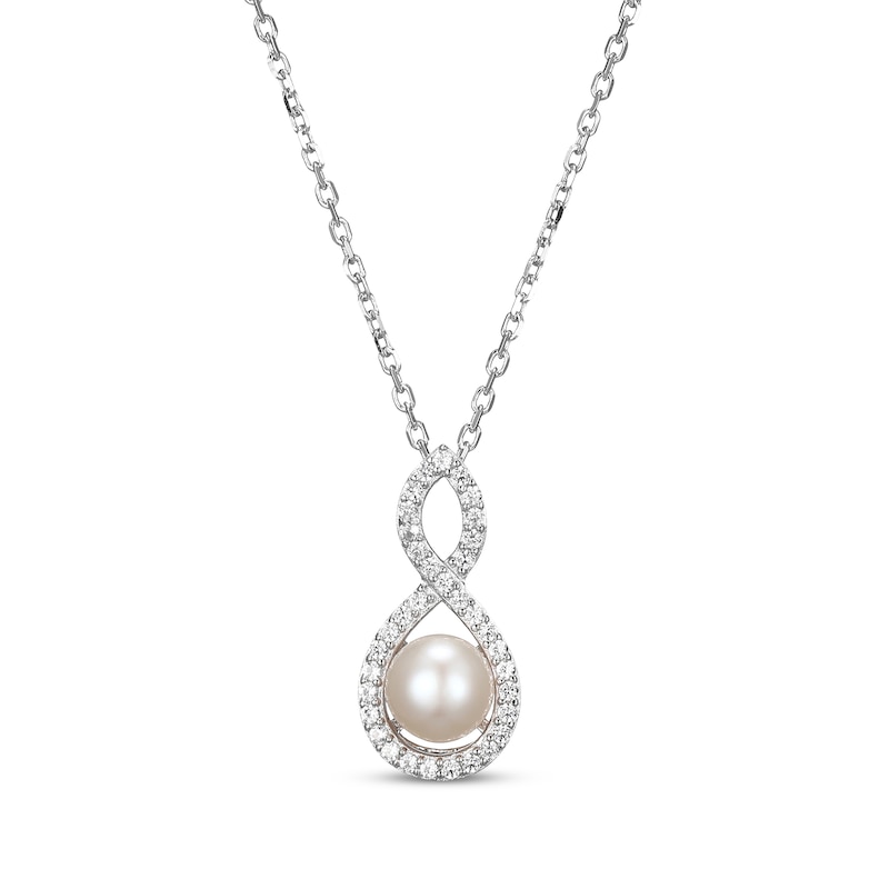 Main Image 1 of Cultured Pearl & White Lab-Created Sapphire Twist Frame Necklace Sterling Silver 18"