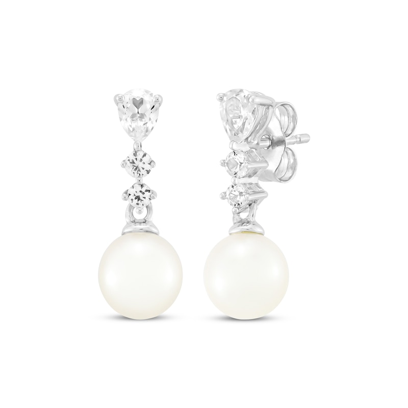 Main Image 1 of Cultured Pearl & White Lab-Created Sapphire Drop Earrings Sterling Silver