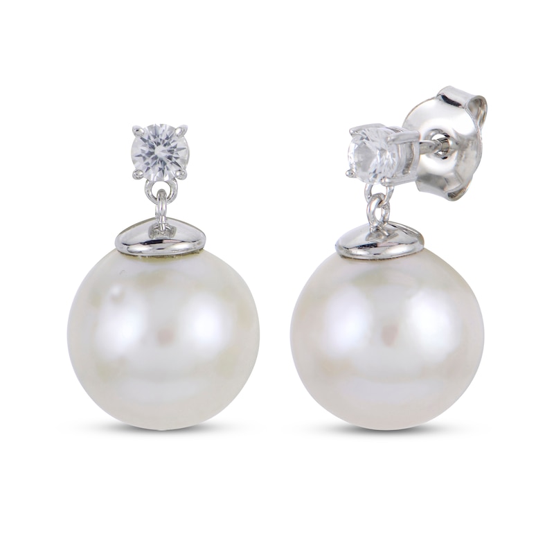 Main Image 1 of Cultured Pearl & White Lab-Created Sapphire Drop Earrings Sterling Silver