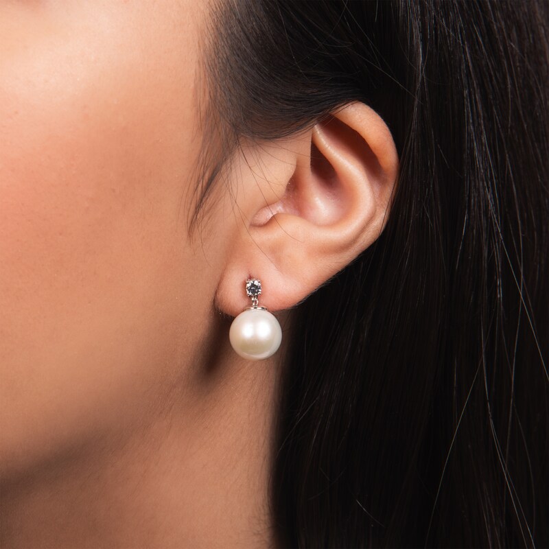 Main Image 3 of Cultured Pearl & White Lab-Created Sapphire Drop Earrings Sterling Silver