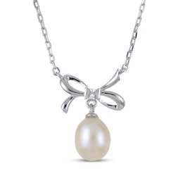 Cultured Pearl & White Lab-Created Sapphire Bow Necklace Sterling Silver 18"