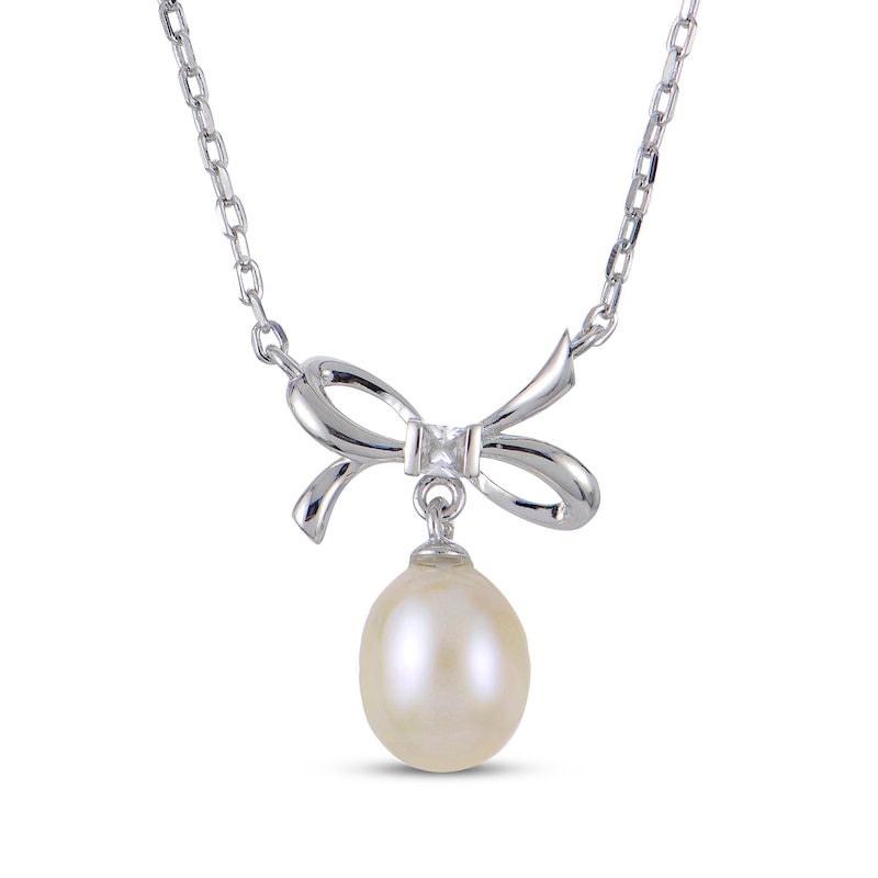 Main Image 1 of Cultured Pearl & White Lab-Created Sapphire Bow Necklace Sterling Silver 18"