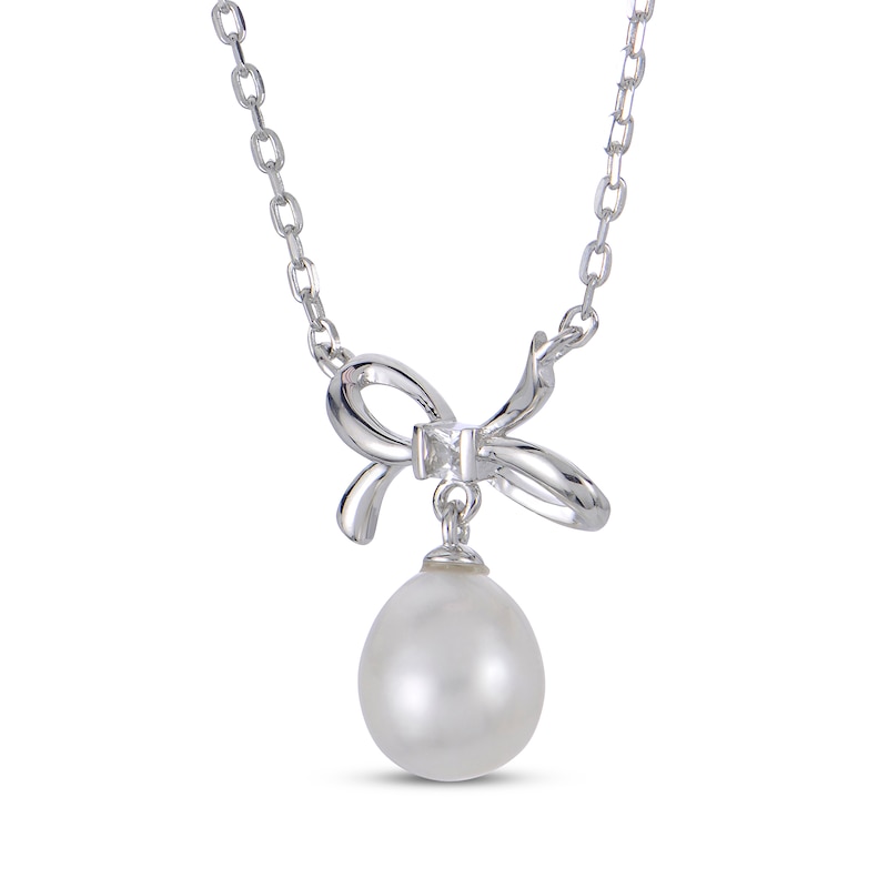 Main Image 2 of Cultured Pearl & White Lab-Created Sapphire Bow Necklace Sterling Silver 18"