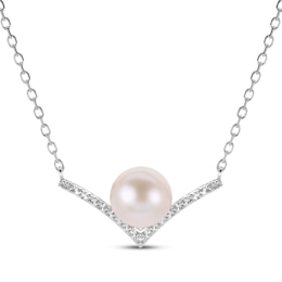 Cultured Pearl & White Lab-Created Sapphire Cheveron Necklace Sterling Silver 18"