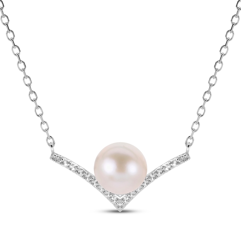 Main Image 1 of Cultured Pearl & White Lab-Created Sapphire Cheveron Necklace Sterling Silver 18"