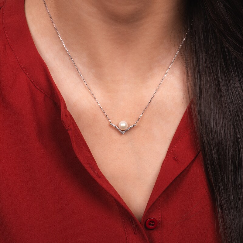 Main Image 3 of Cultured Pearl & White Lab-Created Sapphire Cheveron Necklace Sterling Silver 18"