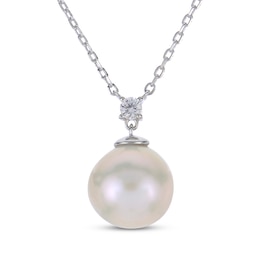 Cultured Pearl & White Lab-Created Sapphire Necklace Sterling Silver 18"