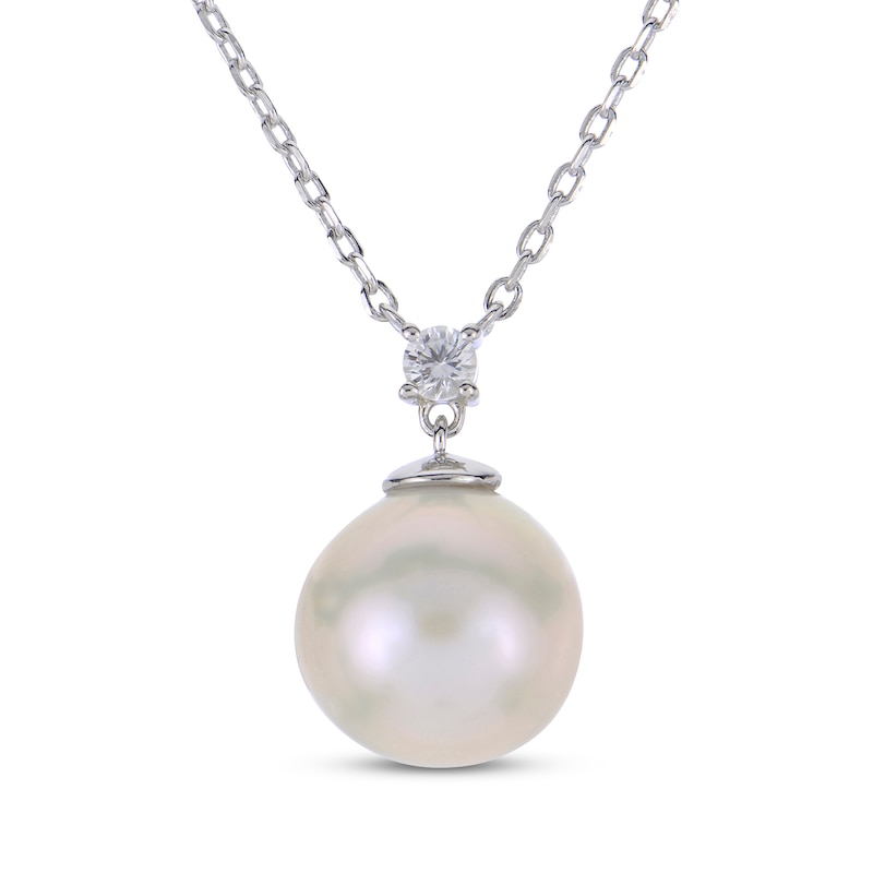 Main Image 1 of Cultured Pearl & White Lab-Created Sapphire Necklace Sterling Silver 18"