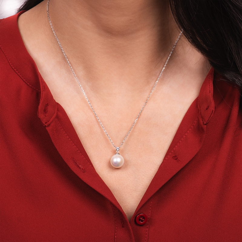 Main Image 3 of Cultured Pearl & White Lab-Created Sapphire Necklace Sterling Silver 18"