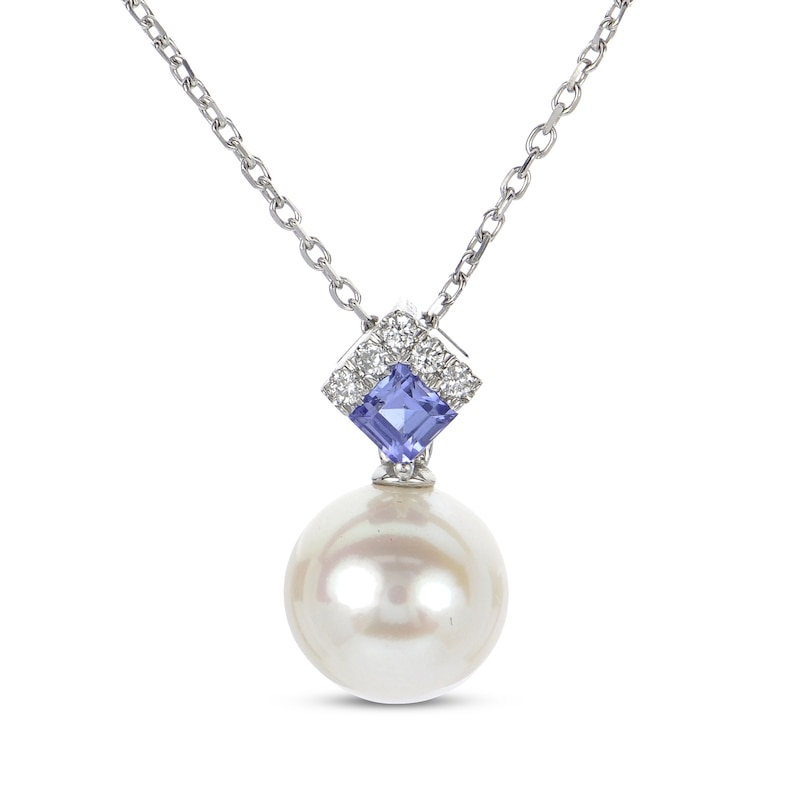Main Image 1 of Cultured Pearl, Tanzanite & Round-Cut Diamond Necklace 1/20 ct tw 14K White Gold 18"
