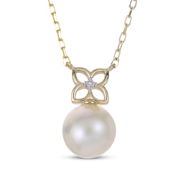 Cultured Pearl & Diamond Accent Flower Necklace 14K Yellow Gold 18"