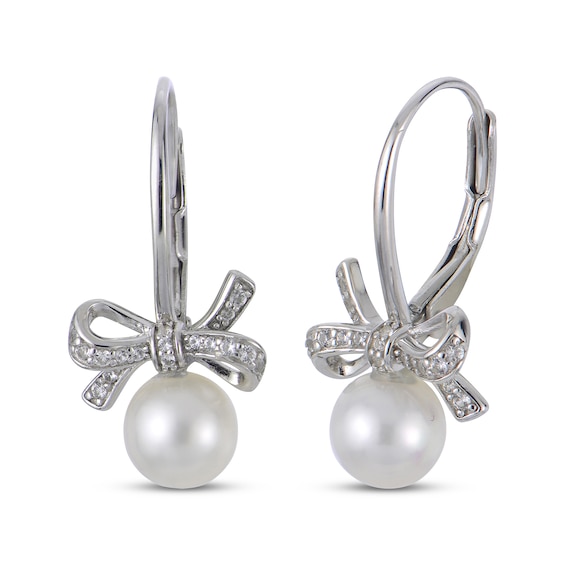 Cultured Pearl & White Lab-Created Sapphire Bow Drop Earrings Sterling Silver