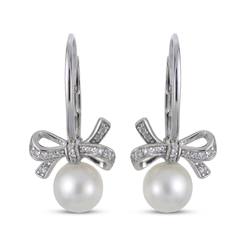 Main Image 2 of Cultured Pearl & White Lab-Created Sapphire Bow Drop Earrings Sterling Silver