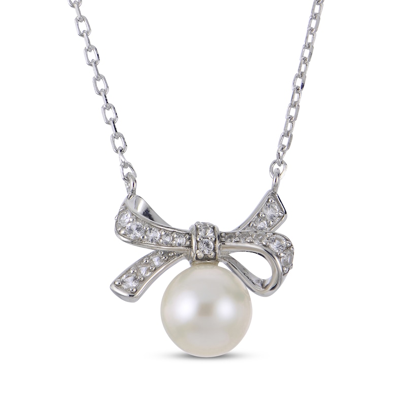 Main Image 1 of Cultured Pearl & White Lab-Created Sapphire Bow Necklace Sterling Silver 18"