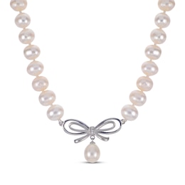 Cultured Pearl & White Lab-Created Sapphire Bow Necklace Sterling Silver 18"