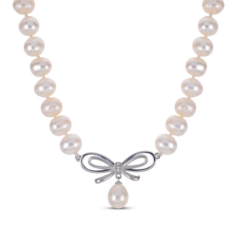 Main Image 1 of Cultured Pearl & White Lab-Created Sapphire Bow Necklace Sterling Silver 18"