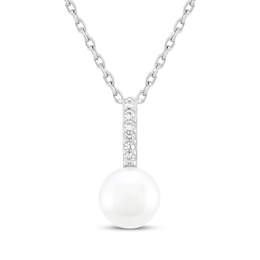 Cultured Pearl & White Lab-Created Sapphire Necklace Sterling Silver 18"