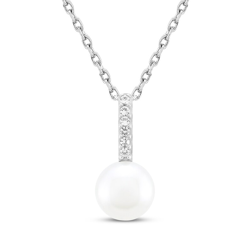 Main Image 1 of Cultured Pearl & White Lab-Created Sapphire Necklace Sterling Silver 18"