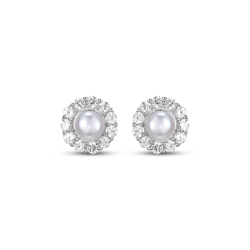 Main Image 2 of Cultured Pearl & White Lab-Created Sapphire Earrings Stud Sterling Silver