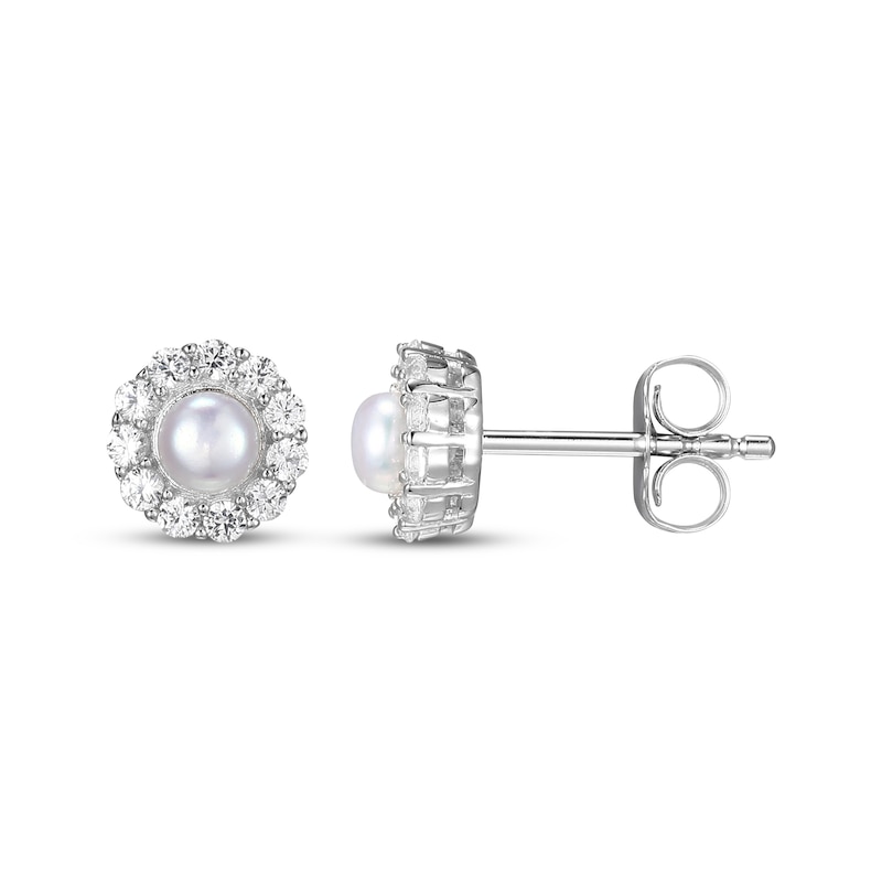 Main Image 3 of Cultured Pearl & White Lab-Created Sapphire Earrings Stud Sterling Silver