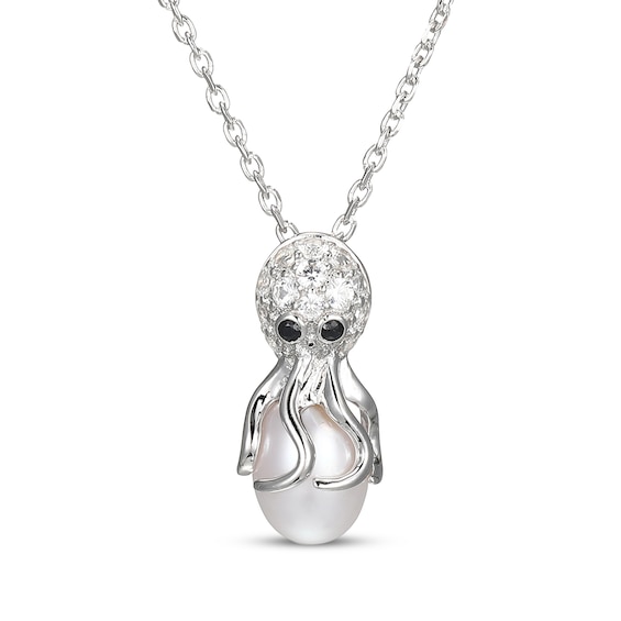 Cultured Pearl, White Lab-Created Sapphire & Black Sapphire Octopus Necklace Sterling Silver 18"