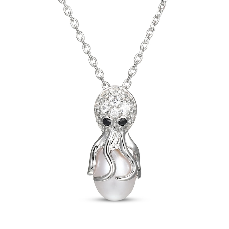 Main Image 1 of Cultured Pearl, White Lab-Created Sapphire & Black Sapphire Octopus Necklace Sterling Silver 18"