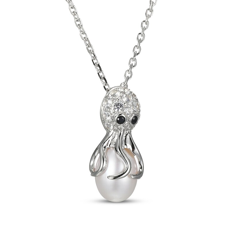 Main Image 2 of Cultured Pearl, White Lab-Created Sapphire & Black Sapphire Octopus Necklace Sterling Silver 18"