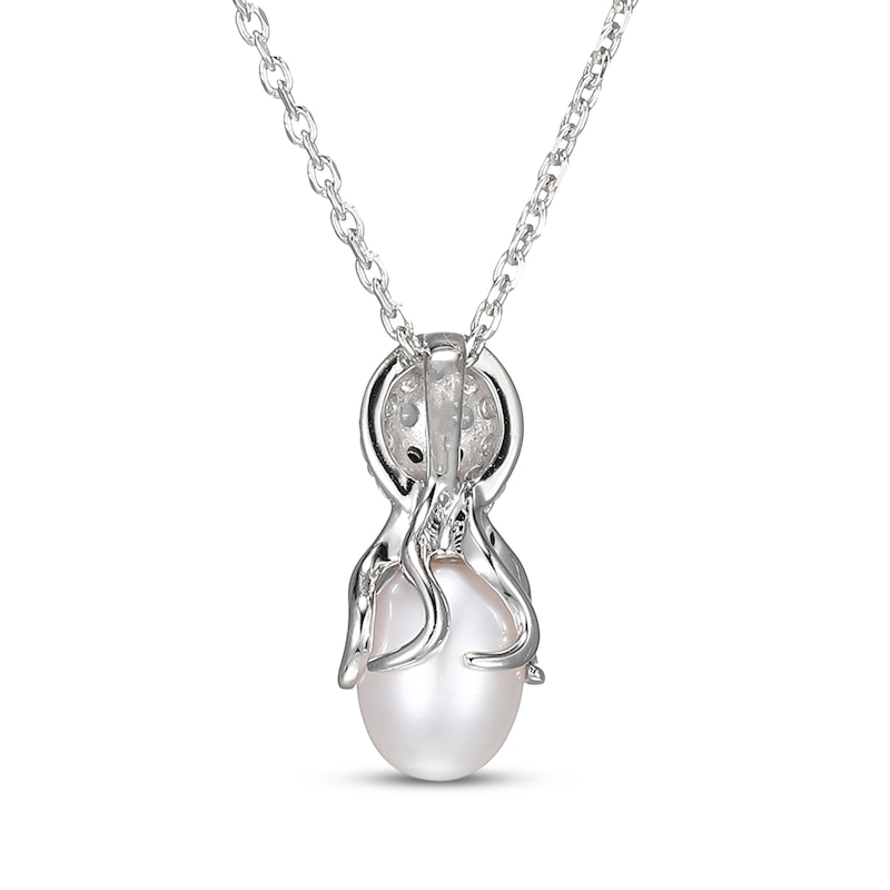 Main Image 3 of Cultured Pearl, White Lab-Created Sapphire & Black Sapphire Octopus Necklace Sterling Silver 18"