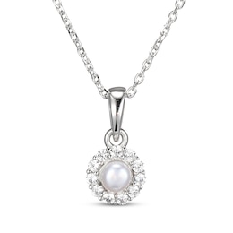 Cultured Pearl & White Lab-Created Sapphire Drop Necklace Sterling Silver 18"