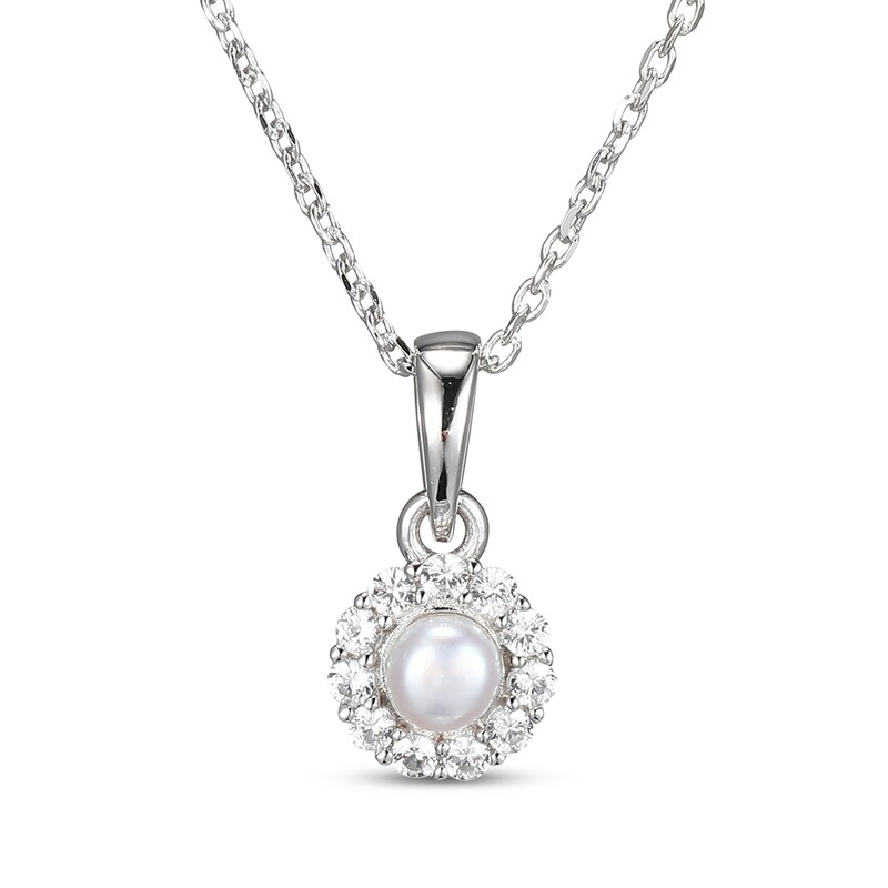 Main Image 1 of Cultured Pearl & White Lab-Created Sapphire Drop Necklace Sterling Silver 18"
