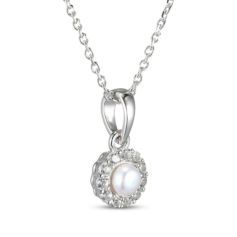 Main Image 2 of Cultured Pearl & White Lab-Created Sapphire Drop Necklace Sterling Silver 18"