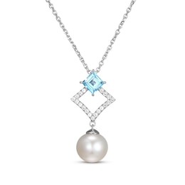 Cultured Pearl, Swiss Blue Topaz & White Lab-Created Sapphire Drop Necklace Sterling Silver 18"