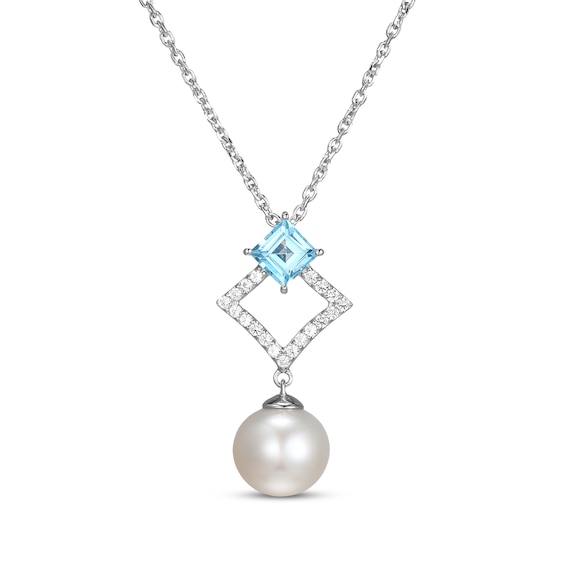 Cultured Pearl, Swiss Blue Topaz & White Lab-Created Sapphire Drop Necklace Sterling Silver 18"