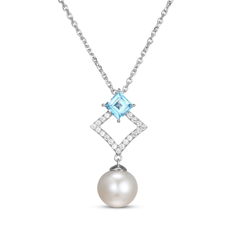 Main Image 1 of Cultured Pearl, Swiss Blue Topaz & White Lab-Created Sapphire Drop Necklace Sterling Silver 18"