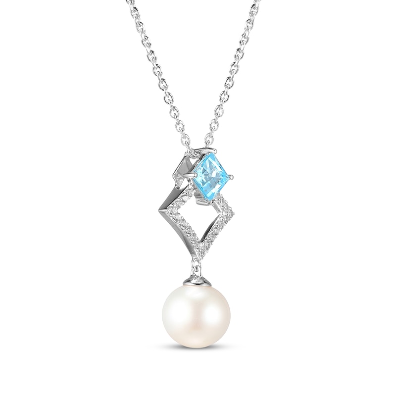 Main Image 2 of Cultured Pearl, Swiss Blue Topaz & White Lab-Created Sapphire Drop Necklace Sterling Silver 18"