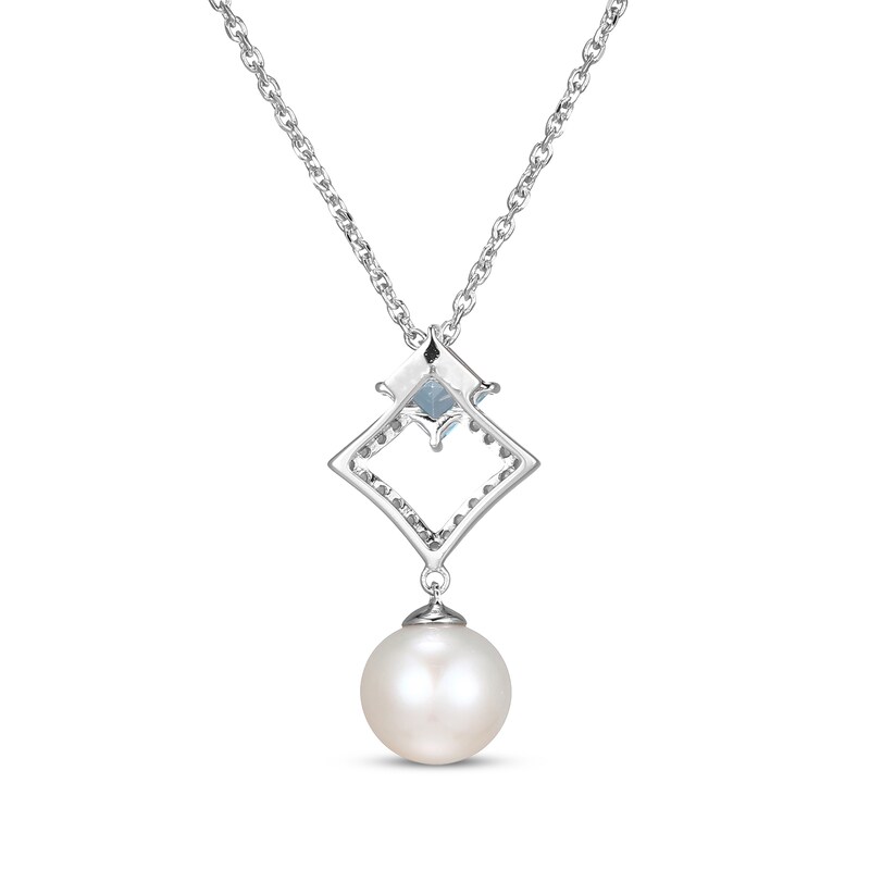 Main Image 3 of Cultured Pearl, Swiss Blue Topaz & White Lab-Created Sapphire Drop Necklace Sterling Silver 18"