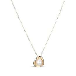 Cultured Pearl Tilted Heart Necklace 10K Yellow Gold 18"