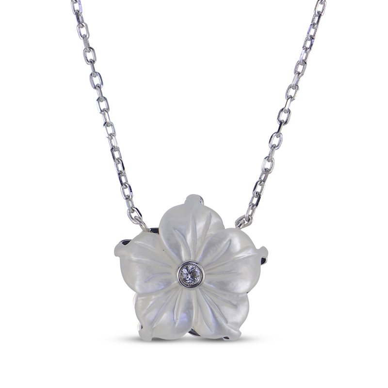 Main Image 1 of White Lab-Created Sapphire & Mother-of-Pearl Flower Necklace Sterling Silver 18"