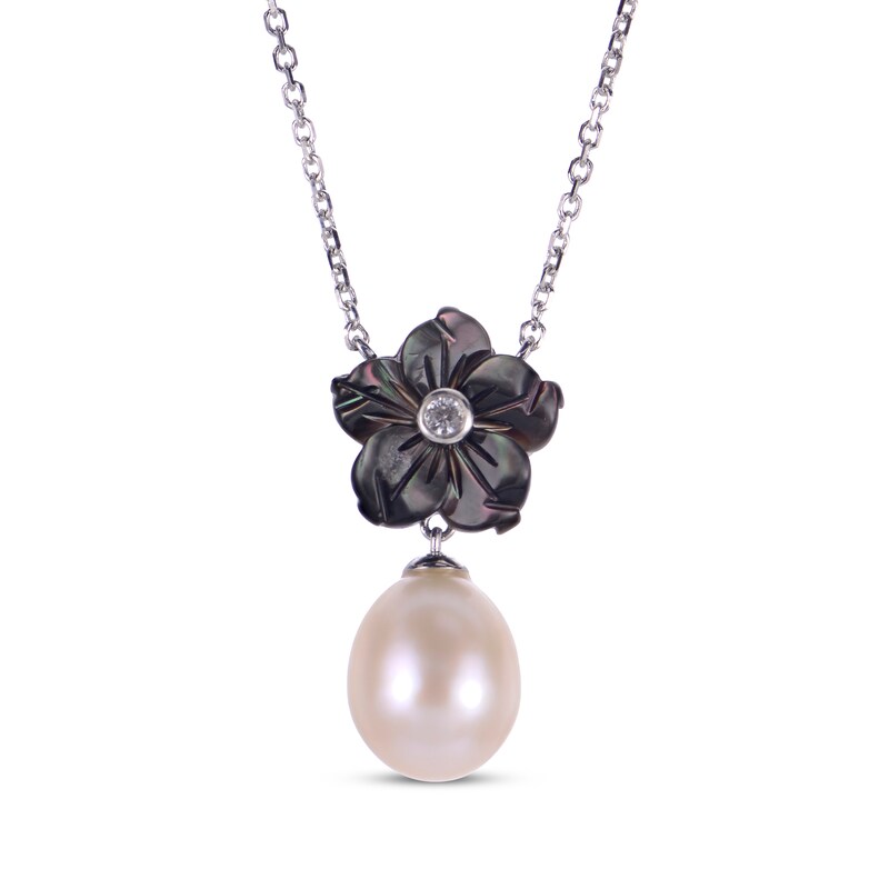 Main Image 1 of Black Mother-of-Pearl, Cultured Pearl & White Lab-Created Sapphire Flower Necklace Sterling Silver 18"