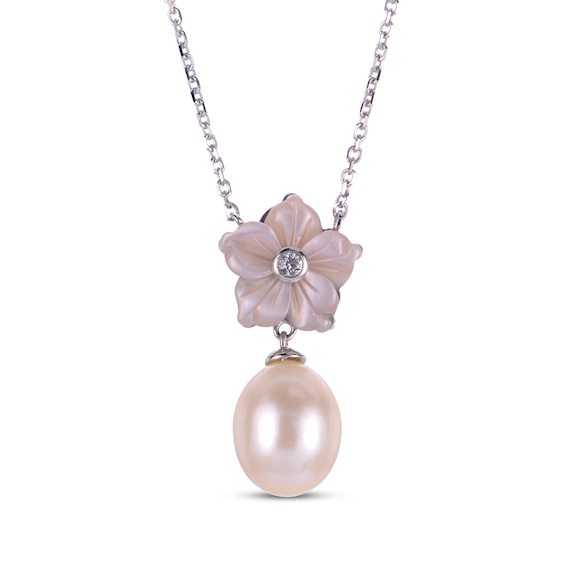 Pink Mother-of-Pearl, Cultured Pearl & White Lab-Created Sapphire Flower Necklace Sterling Silver 18"