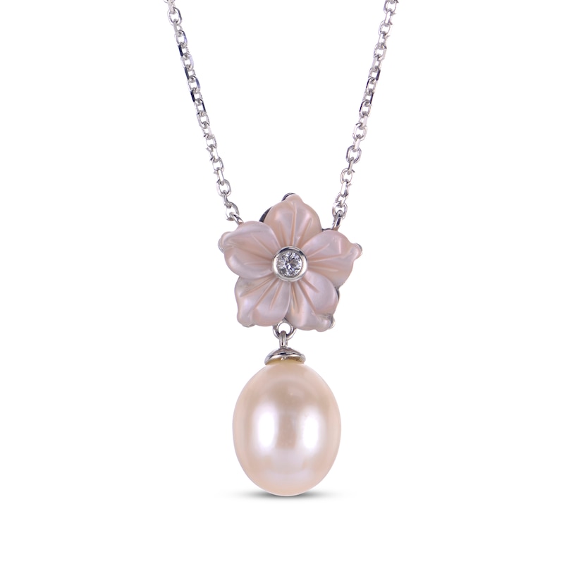 Main Image 1 of Pink Mother-of-Pearl, Cultured Pearl & White Lab-Created Sapphire Flower Necklace Sterling Silver 18"