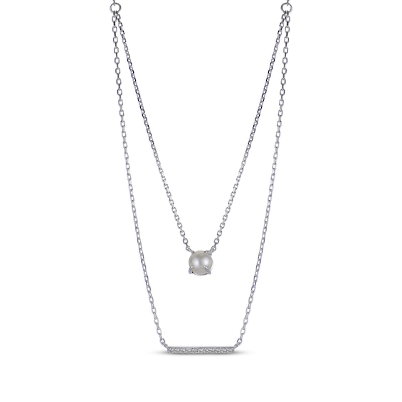 Cultured Pearl & White Lab-Created Sapphire Layered Necklace Sterling Silver 18"