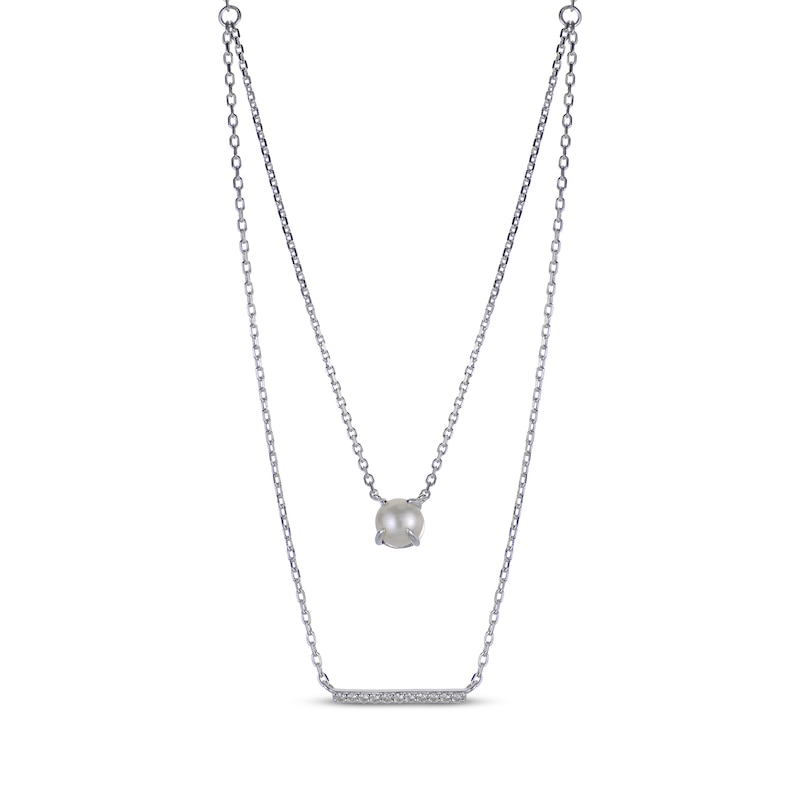 Main Image 1 of Cultured Pearl & White Lab-Created Sapphire Layered Necklace Sterling Silver 18"