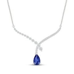 Pear-Shaped Blue Lab-Created Sapphire & White Lab-Created Sapphire Chevron Drop Necklace Sterling Silver 18"