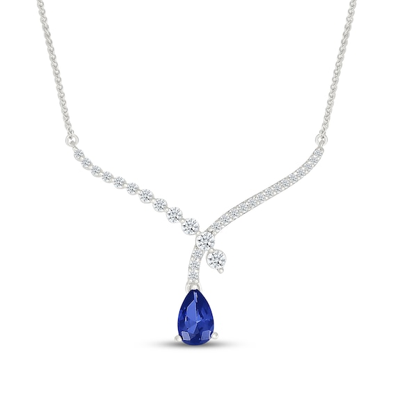 Pear-Shaped Blue Lab-Created Sapphire & White Lab-Created Sapphire Chevron Drop Necklace Sterling Silver 18"