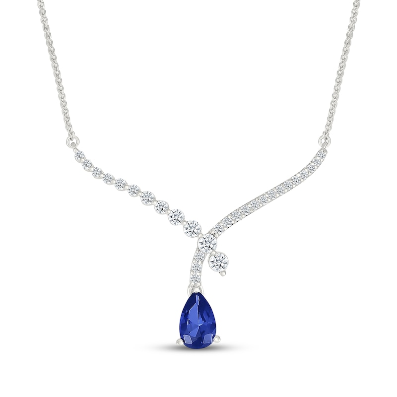 Main Image 1 of Pear-Shaped Blue Lab-Created Sapphire & White Lab-Created Sapphire Chevron Drop Necklace Sterling Silver 18"