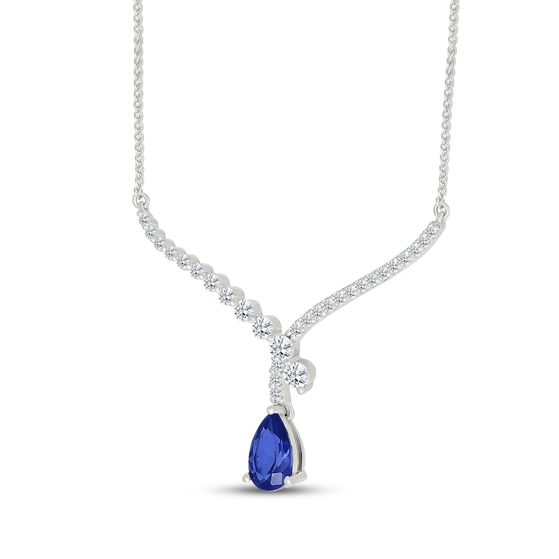 Main Image 2 of Pear-Shaped Blue Lab-Created Sapphire & White Lab-Created Sapphire Chevron Drop Necklace Sterling Silver 18"